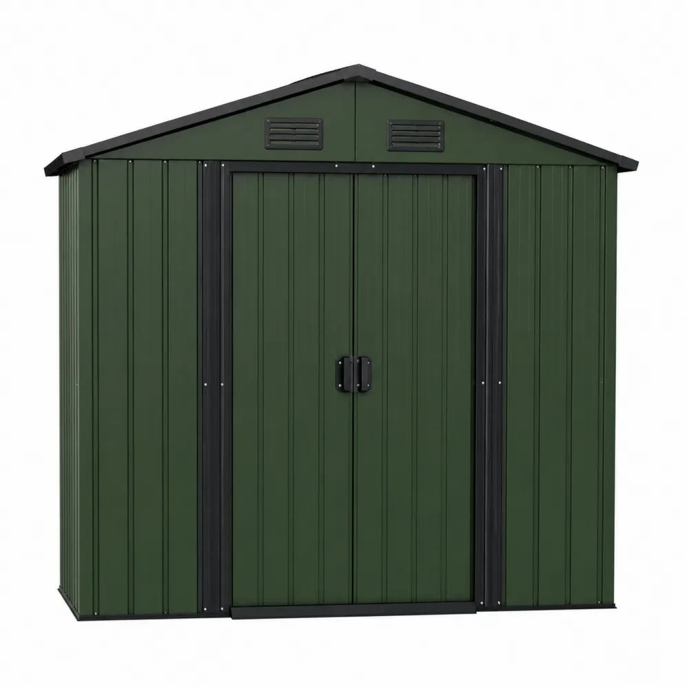 Abri de jardin en acier galvanisé vert foncé et noir 257 x 205 x 178 cm double porte coulissante toit à deux pans
