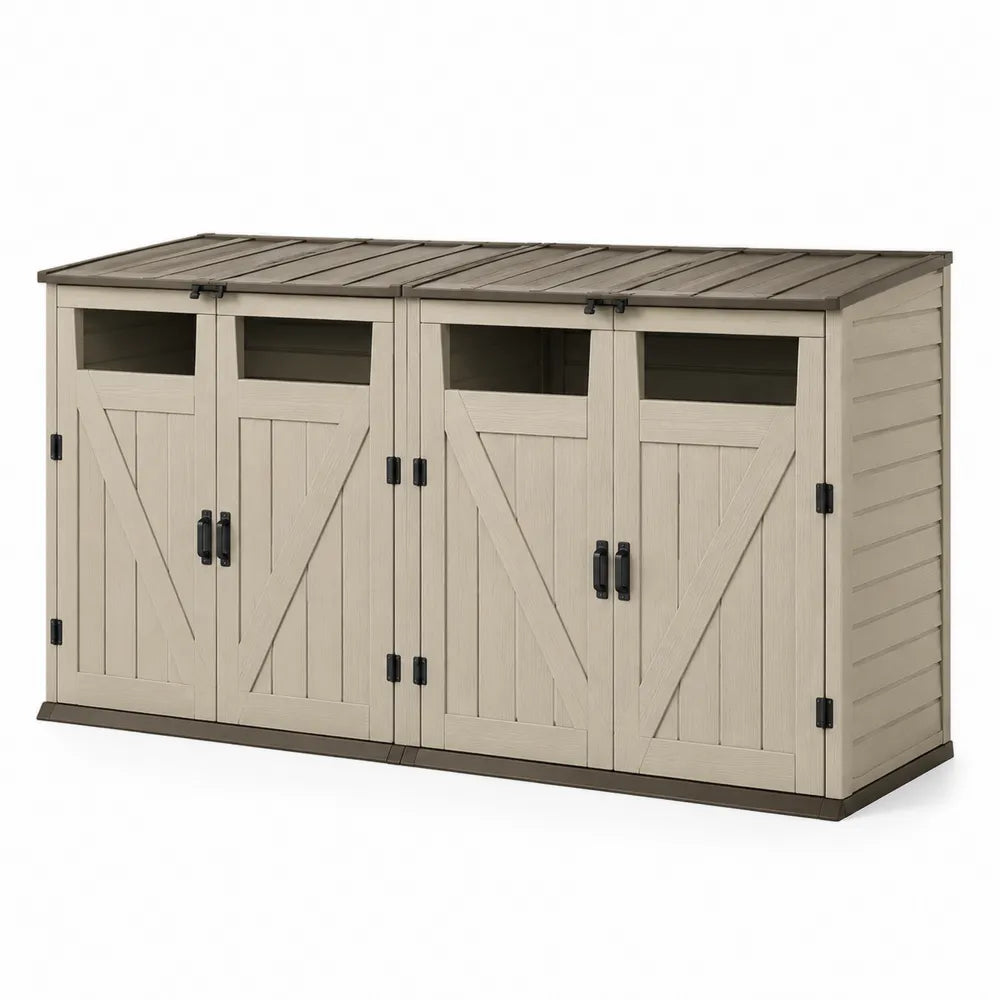 Abri de rangement extérieur horizontal en polypropylène imitation bois beige taupe 190 x 82 x 118 cm 4 portes 2 couvercles