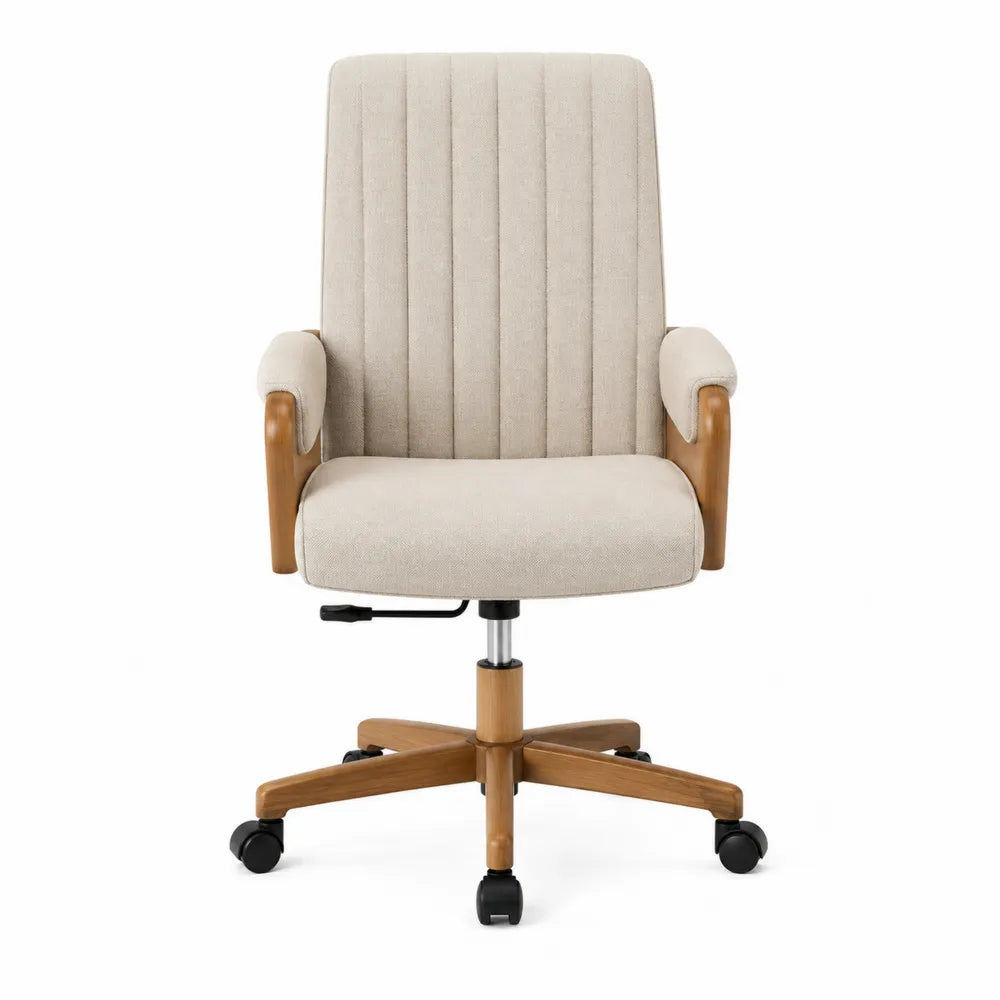 Chaise de bureau pivotante à roulettes en tissu polyester beige avec accoudoirs en bois base réglable 60 x 60 x 85 à 95 cm