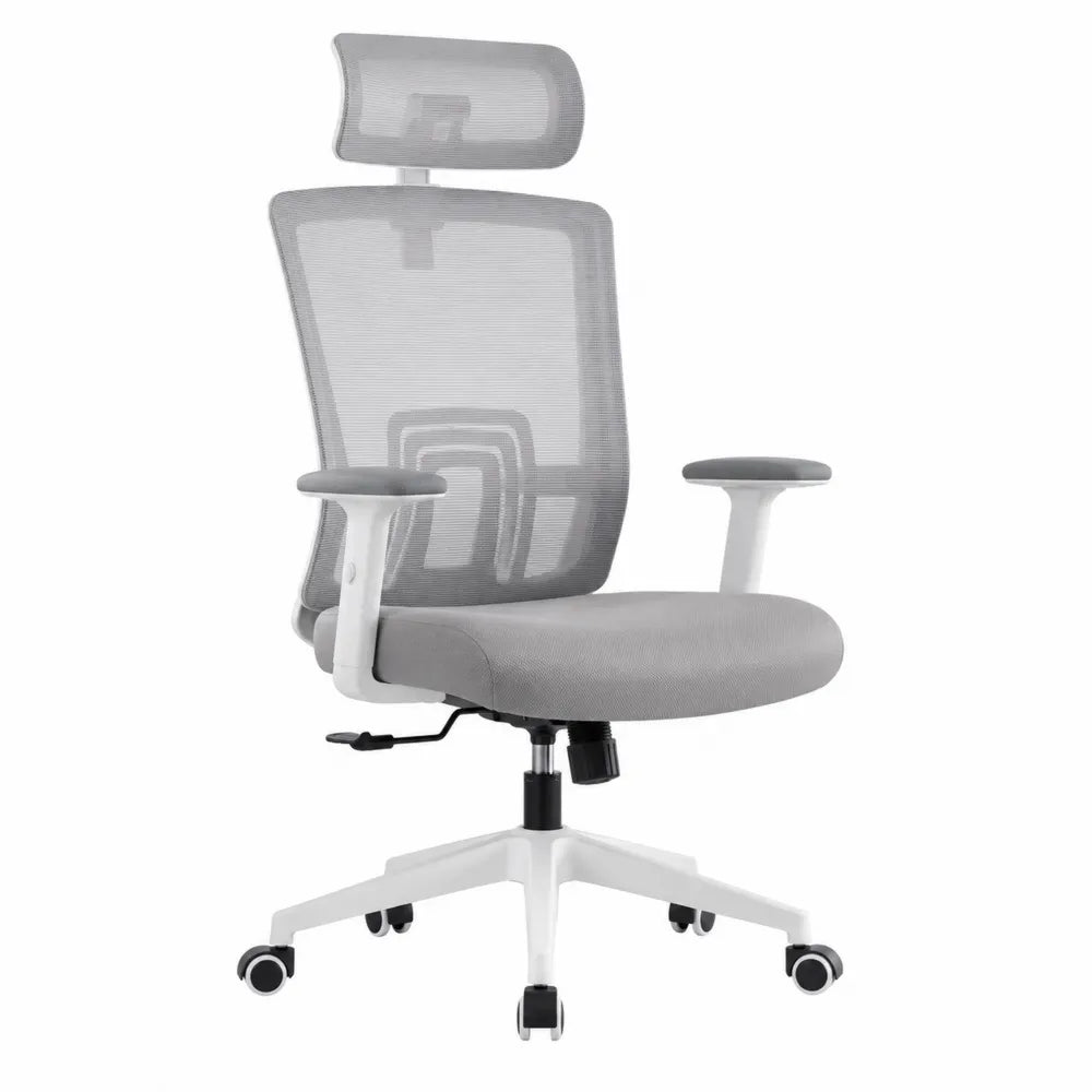Chaise de bureau ergonomique pivotante 65 x 65 x 118 cm en maille polyester grise avec structure blanche et roulettes noires