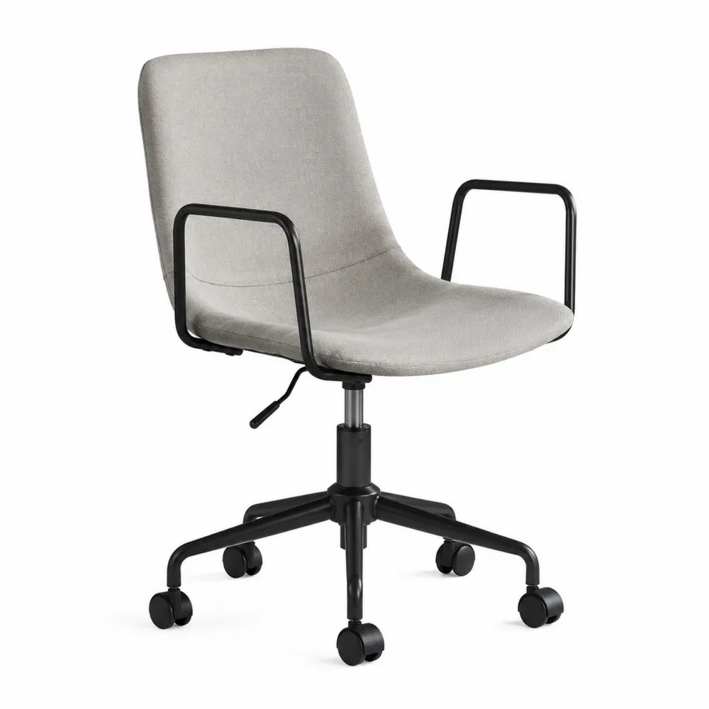 Chaise de bureau pivotante réglable en hauteur tissu gris clair avec accoudoirs et roulettes base métal noir 60 x 60 x 85 à 95 cm