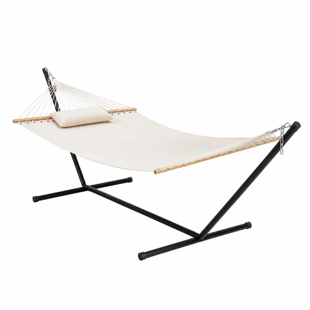 Hamac sur pied 300 x 100 x 110 cm toile polyester écru avec support en acier noir et barres en bois