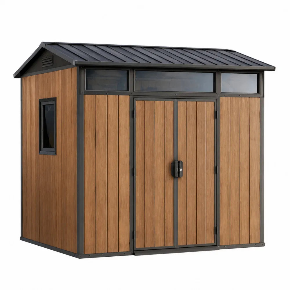 Abri de rangement extérieur en WPC bois composite et acier galvanisé brun et anthracite 213 x 131 x 204 cm double porte fenêtres toit à deux pans