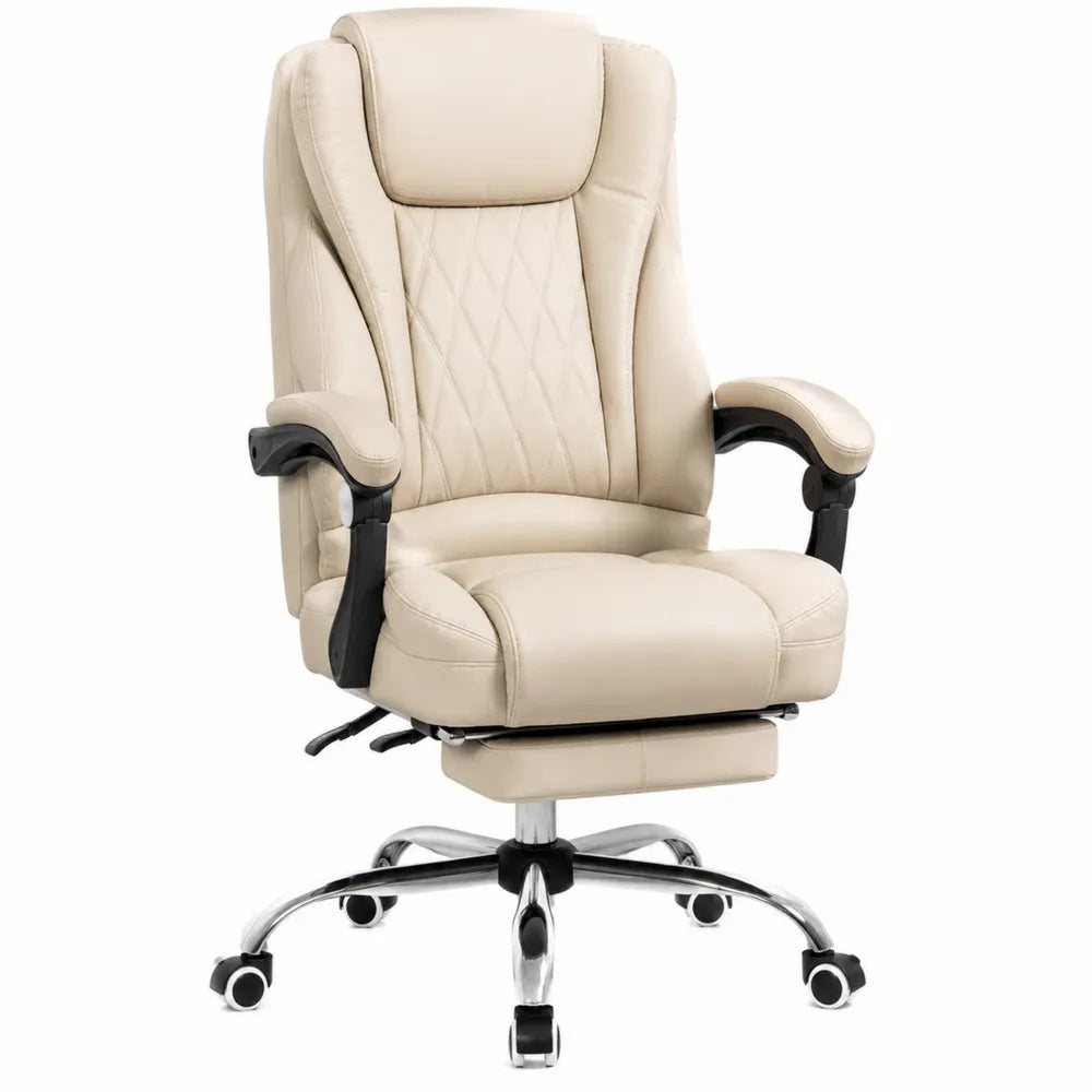 Chaise de bureau ergonomique pivotante en simili cuir beige avec repose-pieds et base chromée