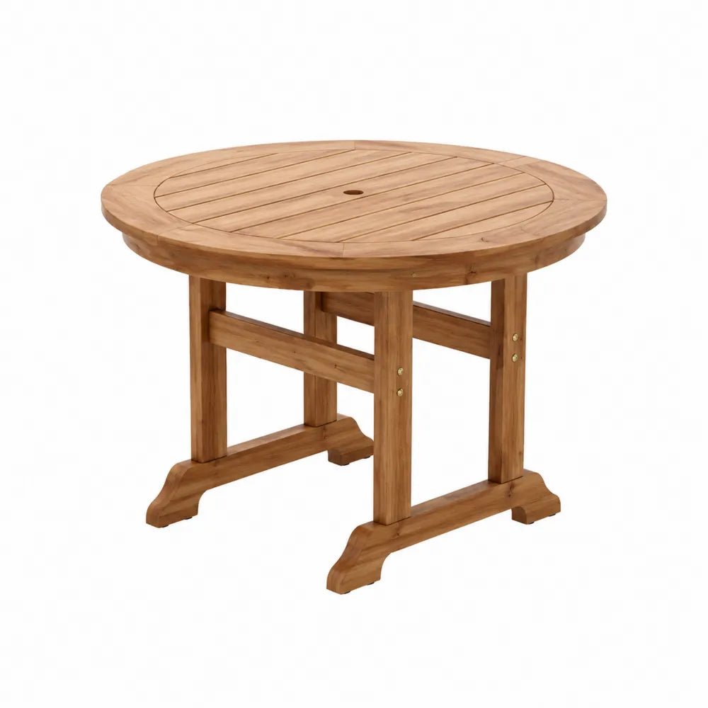 Table de jardin ronde 120 cm x 120 cm x 75 cm en bois d’acacia massif plateau à lattes avec trou pour parasol