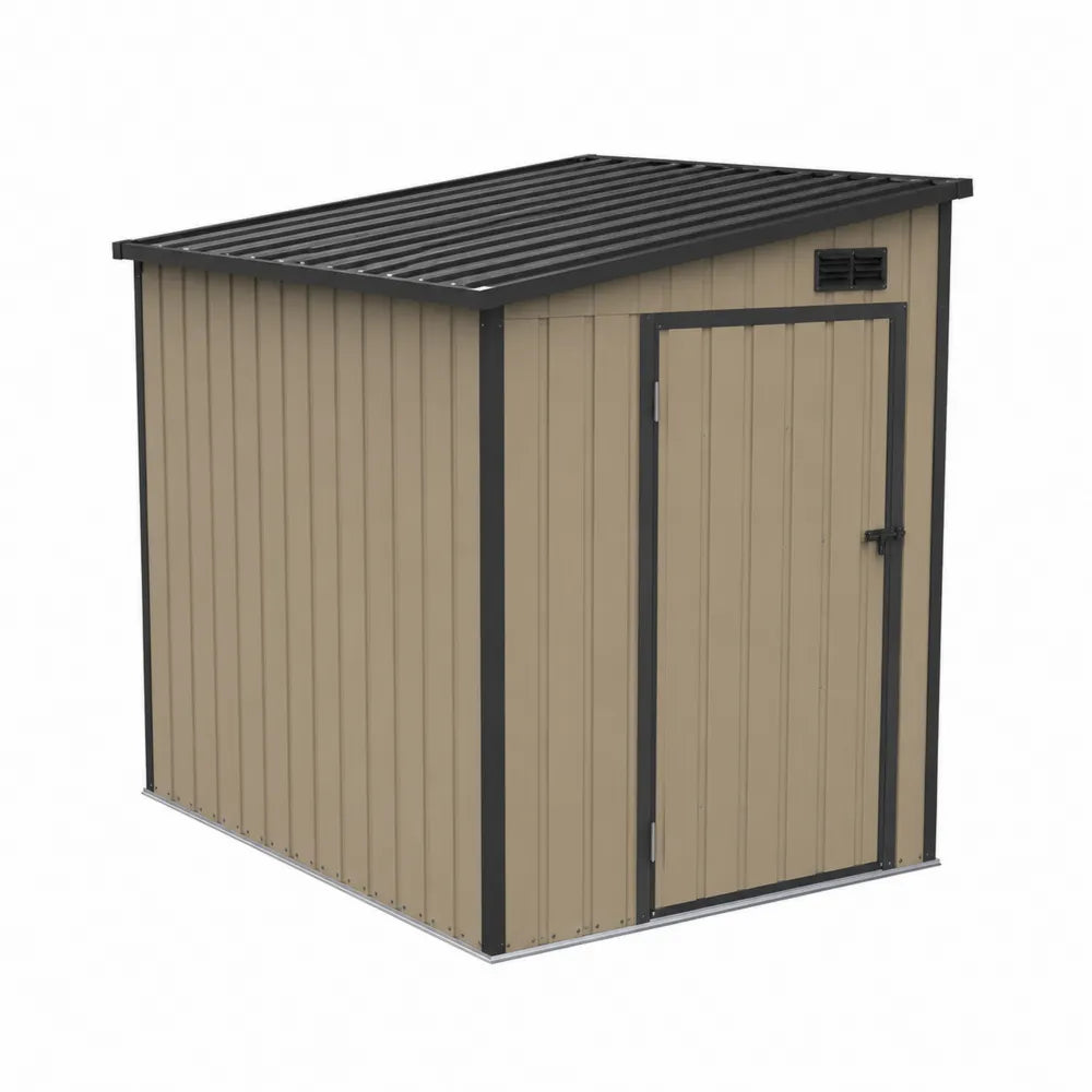 Abri de jardin métallique 213 x 130 x 185 cm acier galvanisé beige sable et noir toit monopente avec porte battante