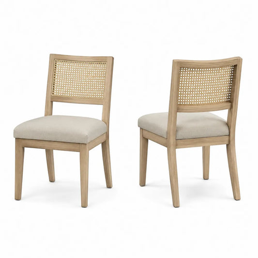 Lot de 2 chaises de salle à manger 48 cm x 55 cm x 86 cm bois d'hévéa cannage rotin assise polyester beige chêne clair