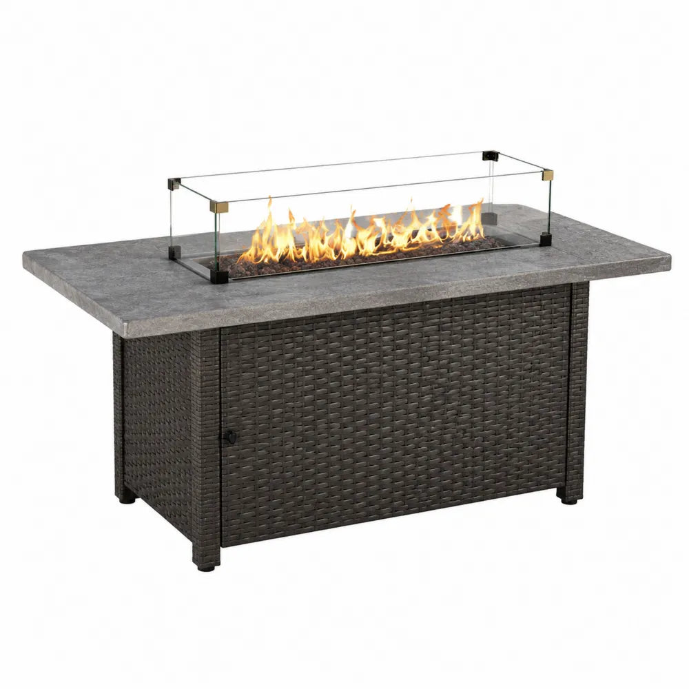 Table d’extérieur brasero à gaz rectangulaire en acier rotin PE et verre trempé gris foncé 132 x 71 x 64 cm