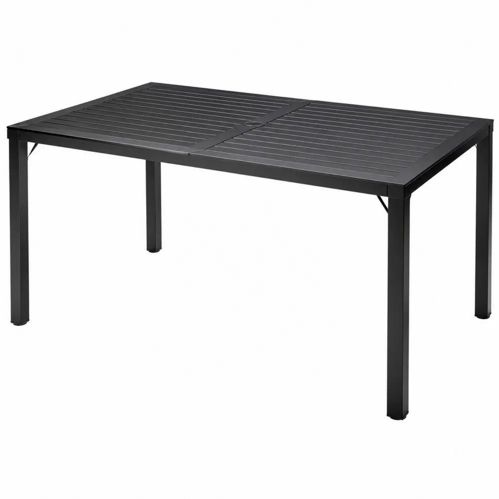 Table de jardin rectangulaire en acier noir avec plateau à lattes et trou pour parasol
