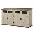 Abri de rangement extérieur horizontal en polypropylène imitation bois beige taupe 190 x 82 x 118 cm 4 portes 2 couvercles