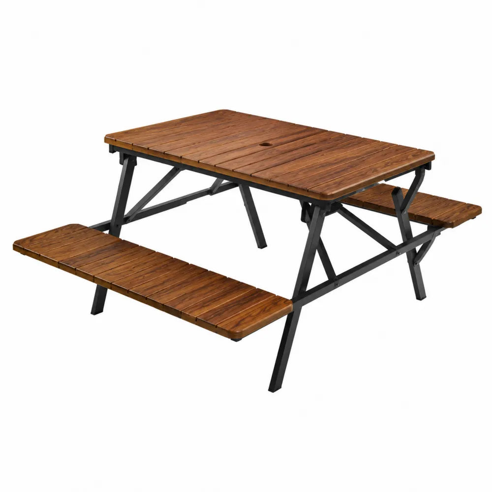 Table de pique-nique d’extérieur rectangulaire en bois d’acacia et acier noir avec 2 bancs intégrés 150 x 135 x 72 cm