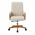 Chaise de bureau pivotante à roulettes en tissu polyester beige avec accoudoirs en bois base réglable 60 x 60 x 85 à 95 cm