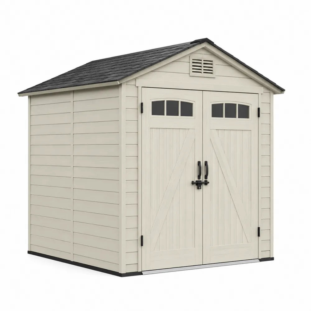 Abri de jardin en résine polypropylène beige avec toit noir double porte et ventilation