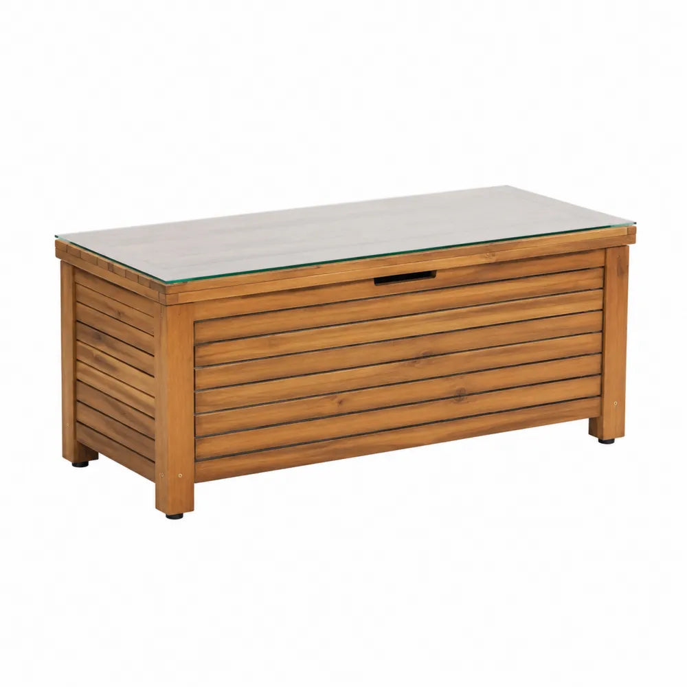 Table basse coffre d’extérieur 120 x 60 x 45 cm en bois d’acacia massif avec plateau en verre trempé