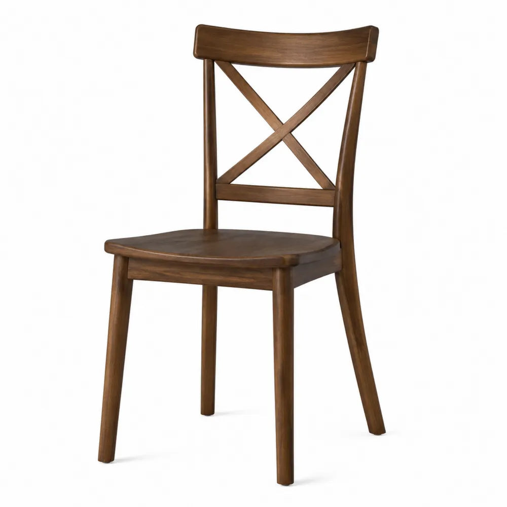 Chaise de salle à manger 45 cm x 52 cm x 88 cm bois d'hévéa massif dossier croisé X assise carrée marron noyer