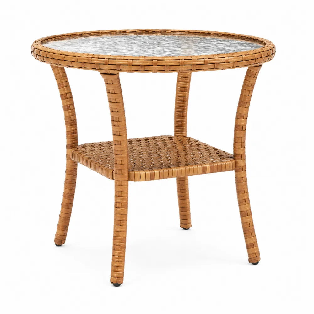 Table d’extérieur ronde 70 x 70 x 74 cm plateau en verre trempé et rotin synthétique avec étagère inférieure