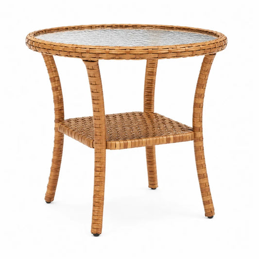 Table d’extérieur ronde 70 x 70 x 74 cm plateau en verre trempé et rotin synthétique avec étagère inférieure