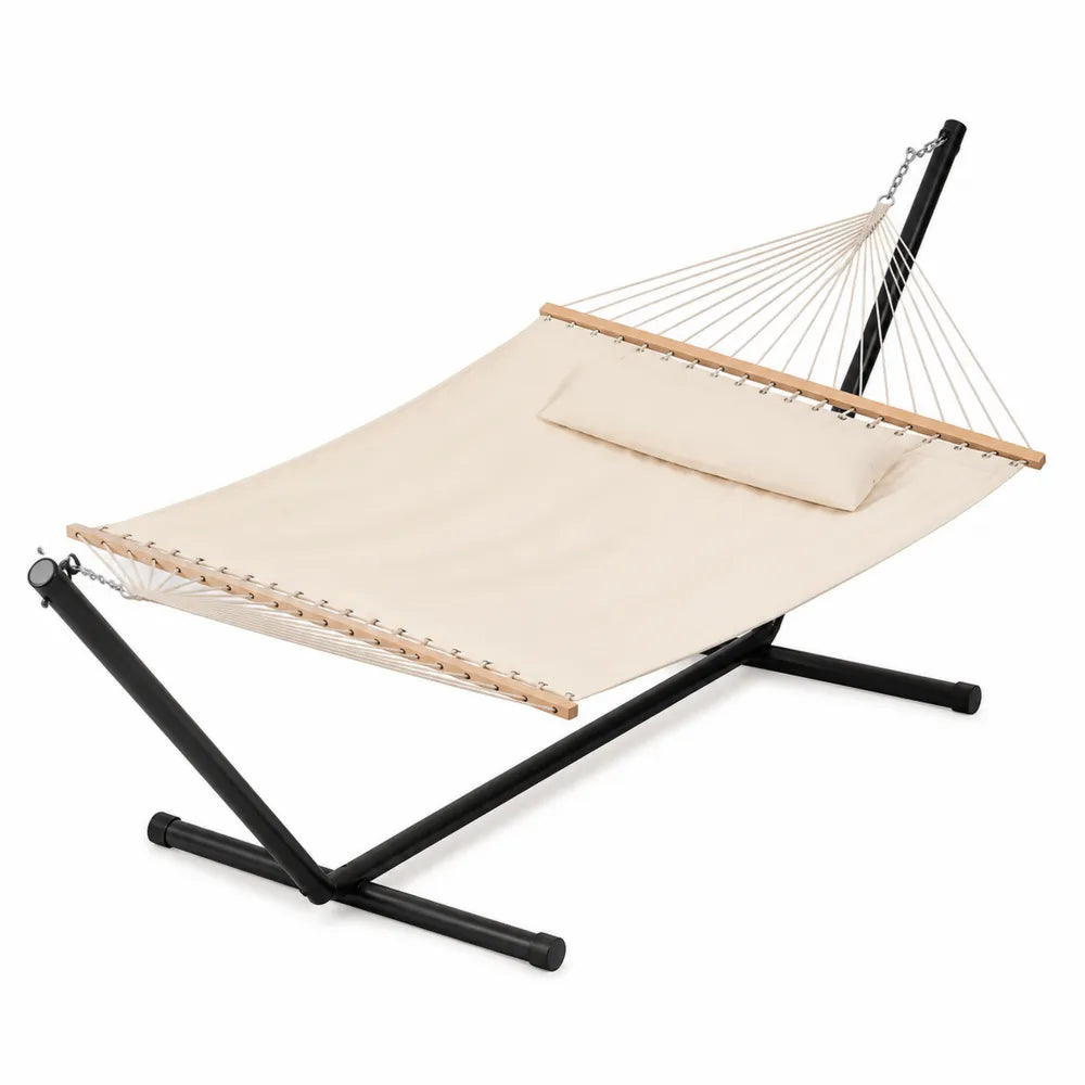 Hamac sur pied 300 x 100 x 110 cm toile polyester écru support acier noir barres en bois naturel