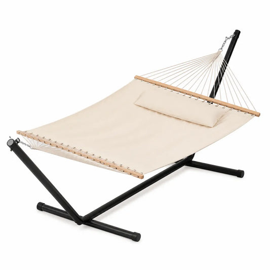 Hamac sur pied 300 x 100 x 110 cm toile polyester écru support acier noir barres en bois naturel