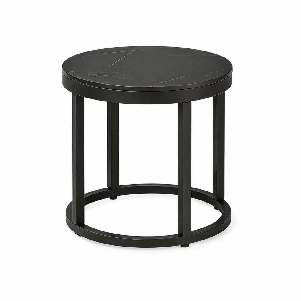 Table d’appoint de jardin ronde en pierre frittée noire et structure en aluminium noir