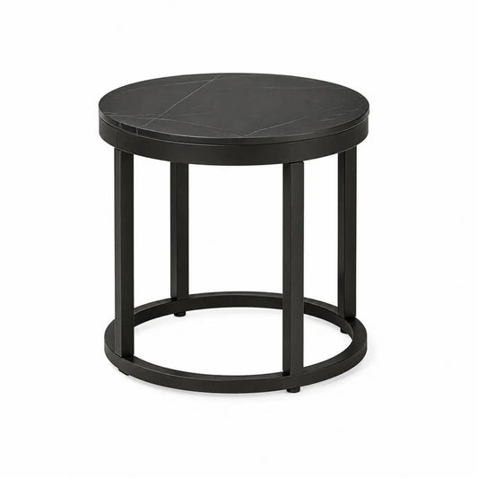 Table d’appoint de jardin ronde en pierre frittée noire et structure en aluminium noir
